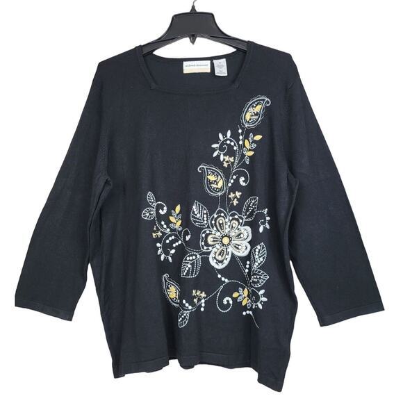 Alfred Dunner Sweater Floral‎ Embroidered Women 1X Square Neck Long Sleeve Black - Picture 1 of 9